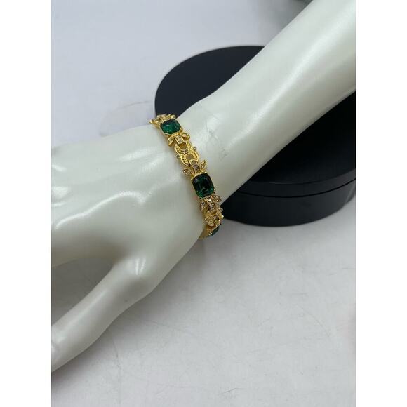 Vintage Joan Rivers Signed Faux Emerald & Clear CZ Gold Tone Tennis Bracelet - Picture 4 of 12